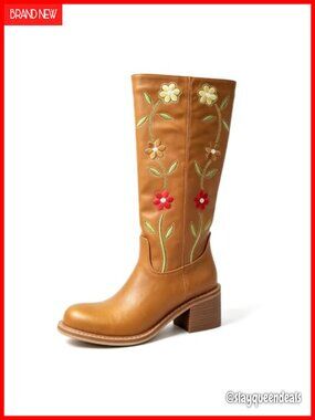 Floral Embroidered Western Cowboy Boots Mid Calf Square Heel Pull On Faux